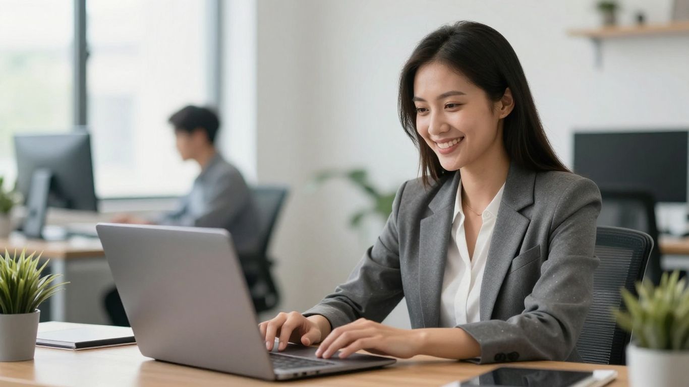 Profesional revisando oportunidades de crecimiento con laptop