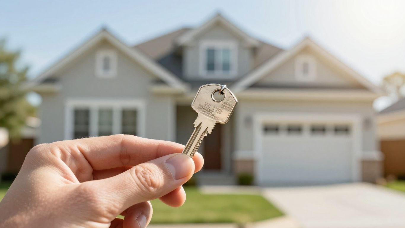 Hand holding a house key with a home in the background.