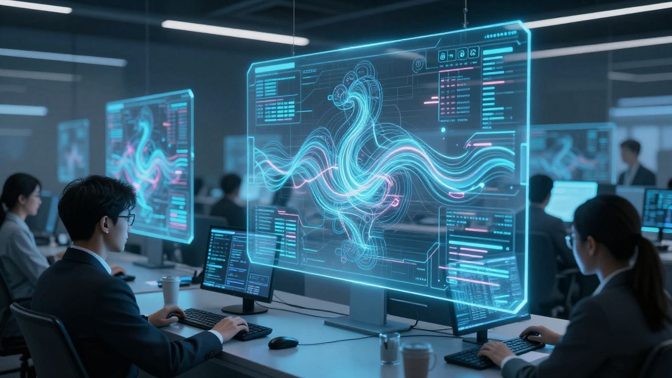 Futuristic call center with holographic data visualizations.