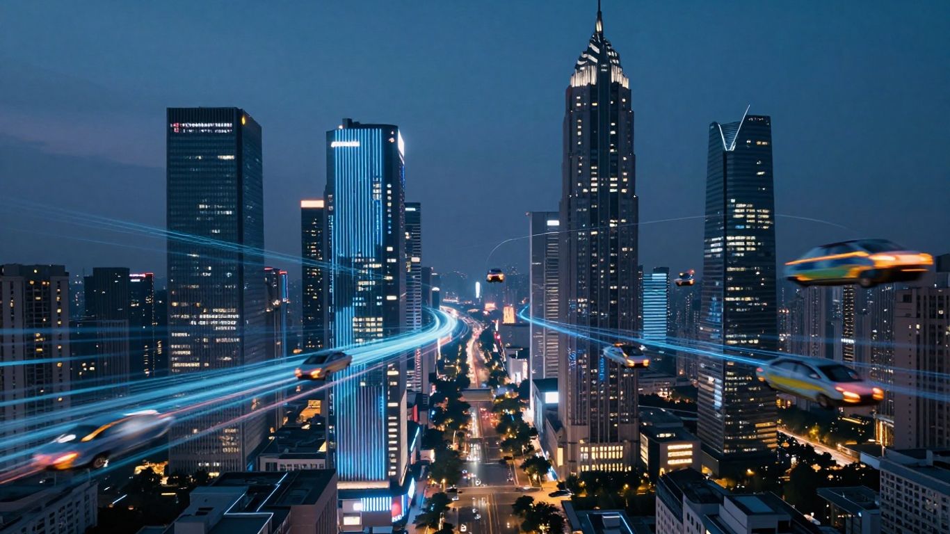 Futuristic cityscape with glowing digital connections.