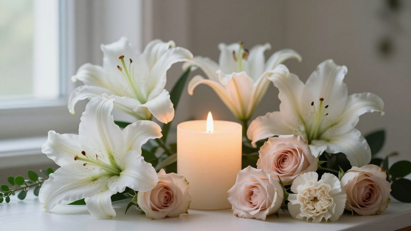 Soft funeral flowers beside a remembrance candle