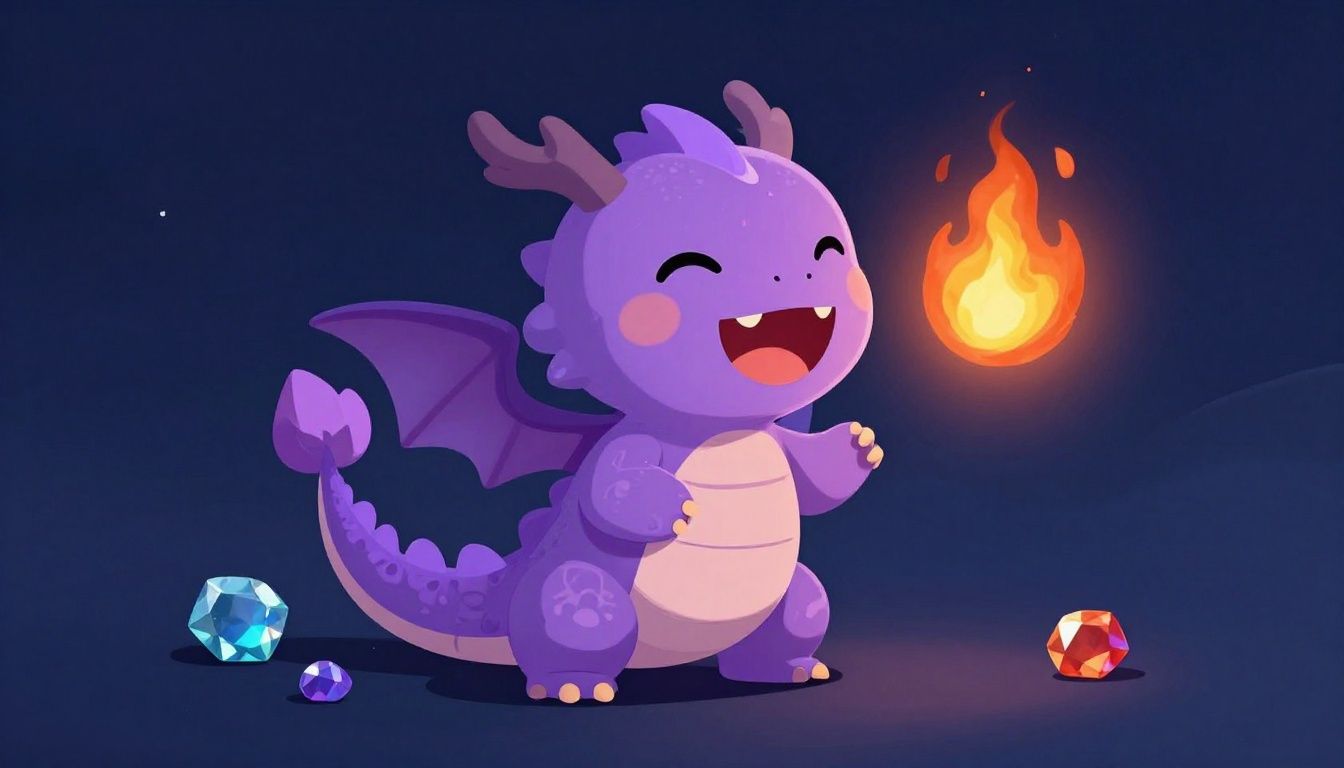 A cute, purple cartoon dragon laughing while breathing a small puff of fire, surrounded by colorful gems