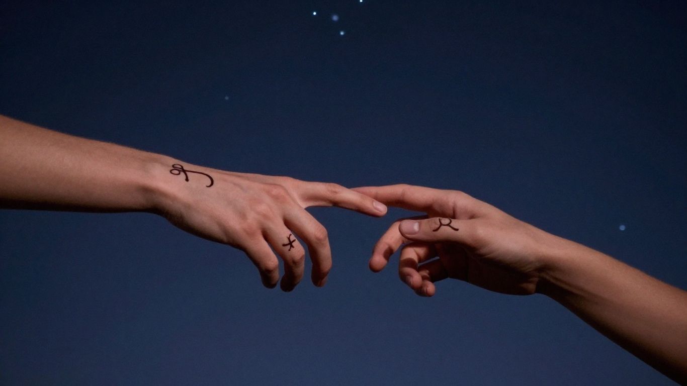 Venus and Mars symbols on hands reaching for each other.