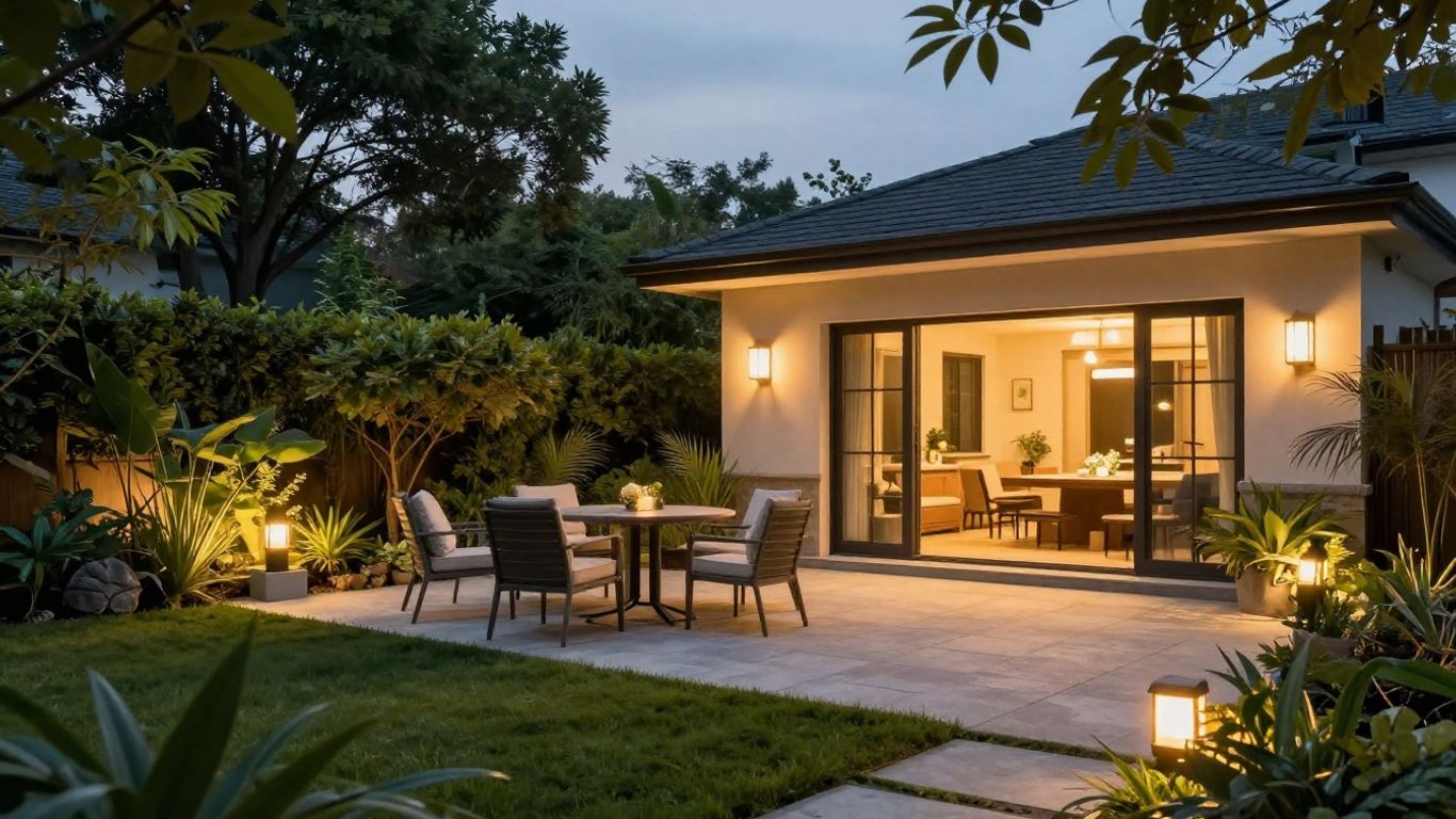 Garden lit up at night with outdoor house lights.