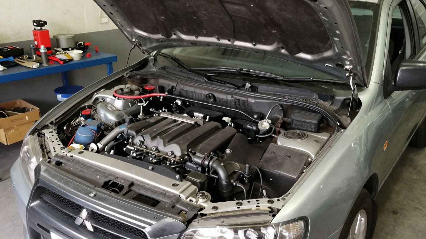 Mitsubishi Lancer engine bay with hood open in garage