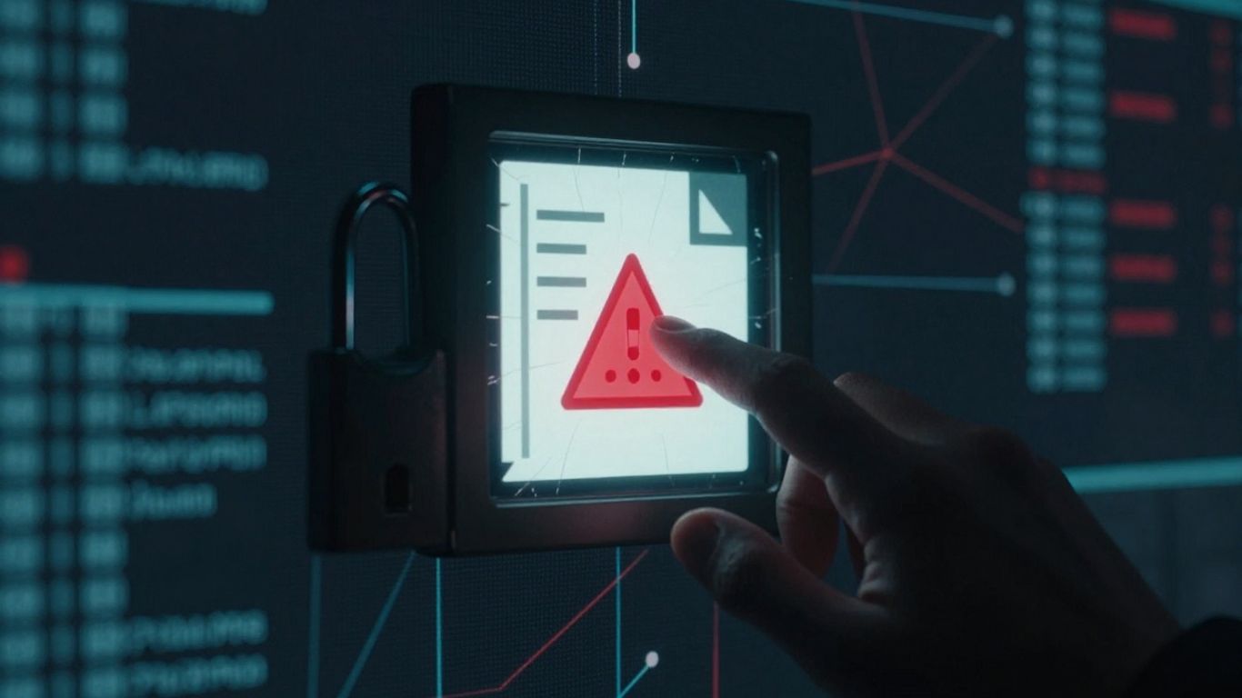 Cracked digital lock on PDF, hacker threat.