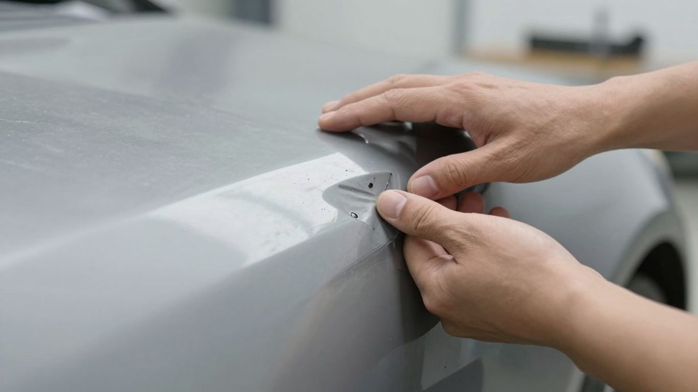 Detailaufnahme eines Autoschadens mit einer Hand.