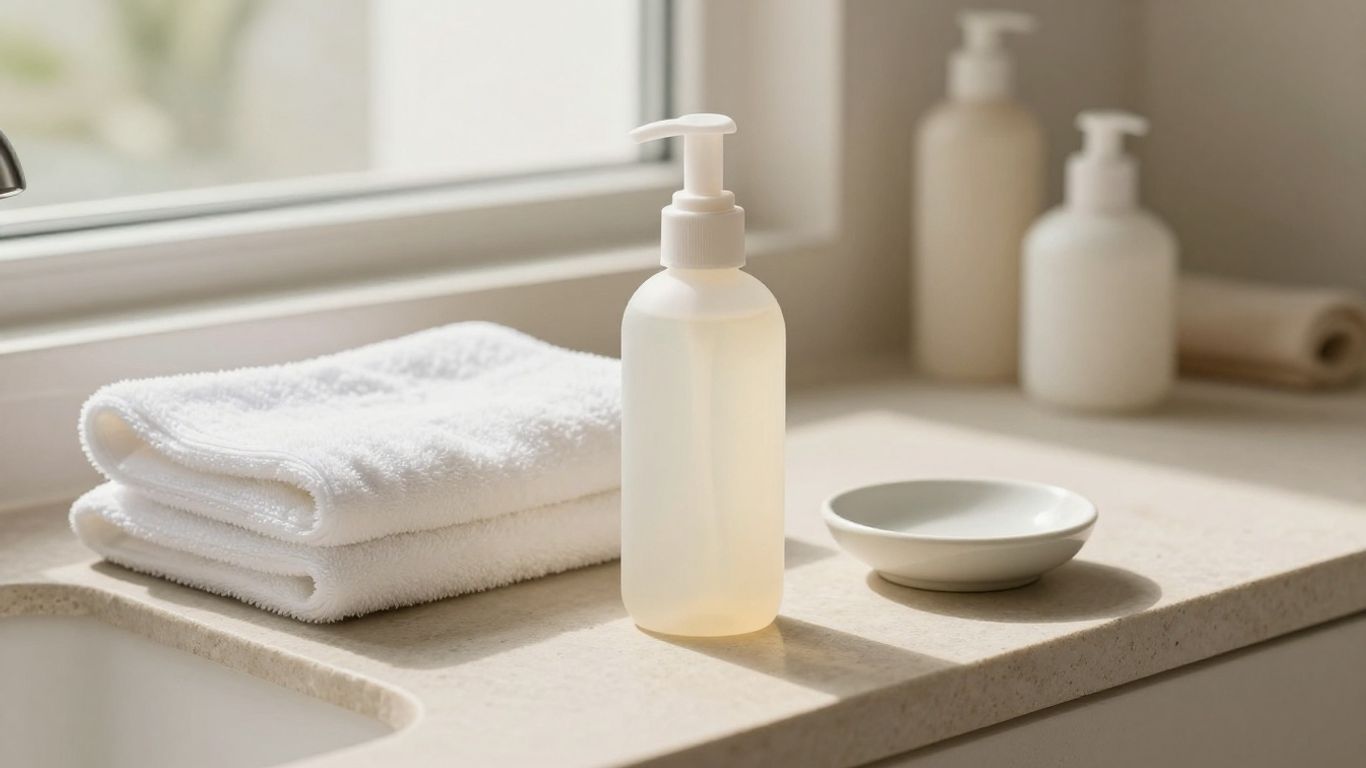 Clear silicone lubricant bottle beside soft towels