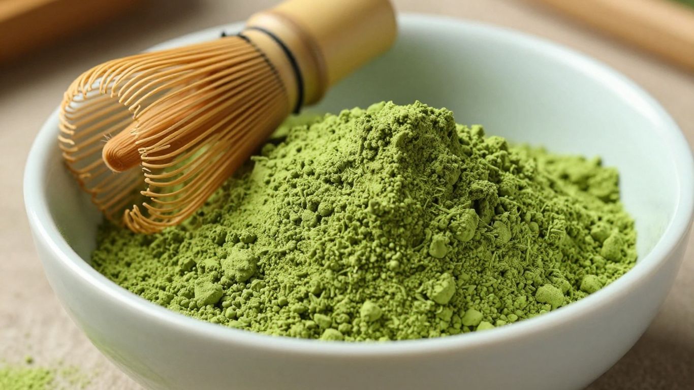 Vibrant green matcha powder in a ceramic bowl with a bamboo whisk.