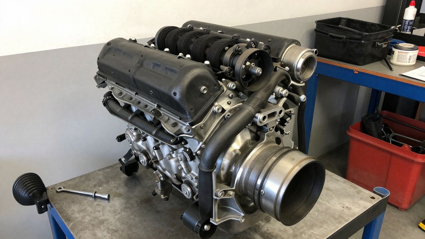 Used Falcon engine beside workshop tools