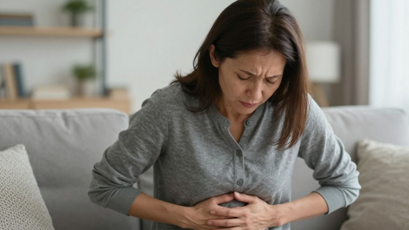 Mulher com desconforto abdominal leve em casa.
