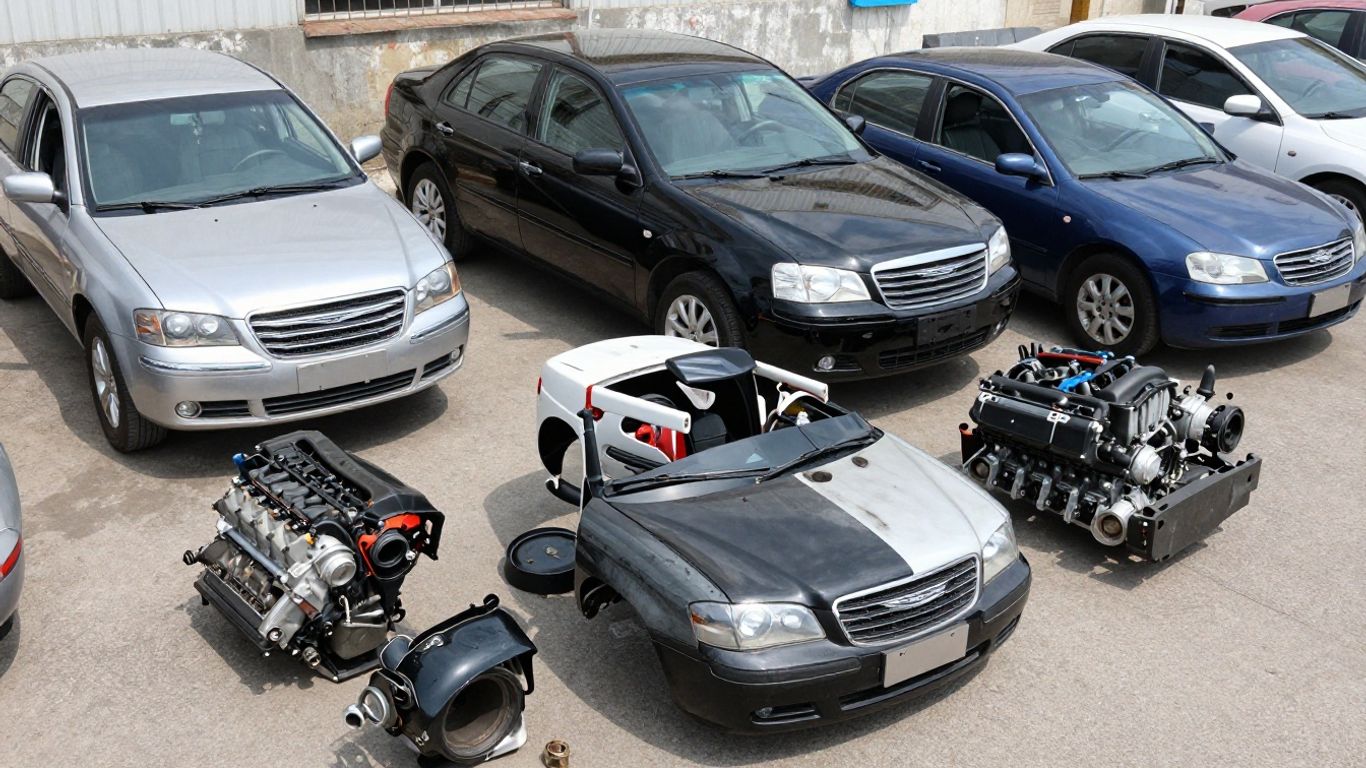 Chrysler car parts at a wrecking yard.