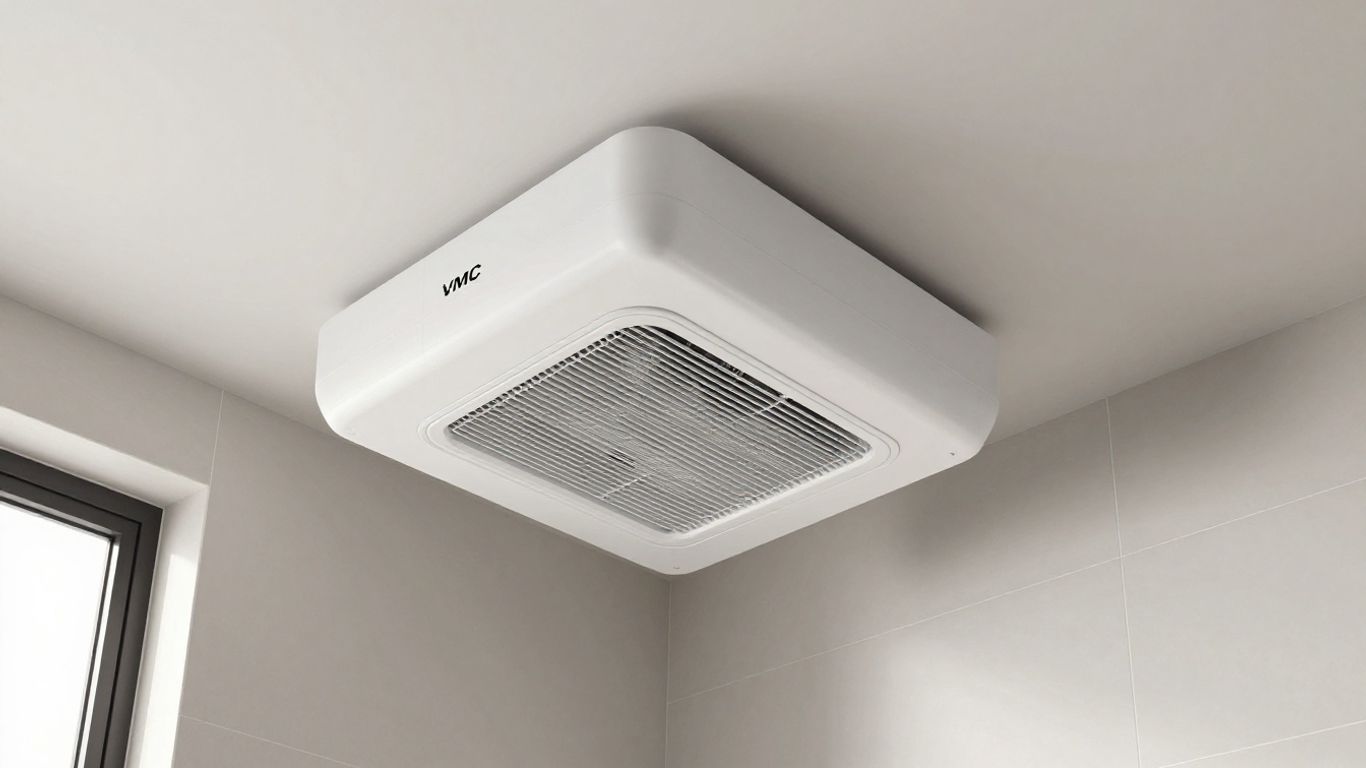 Unité VMC hygroréglable dans une salle de bain moderne.