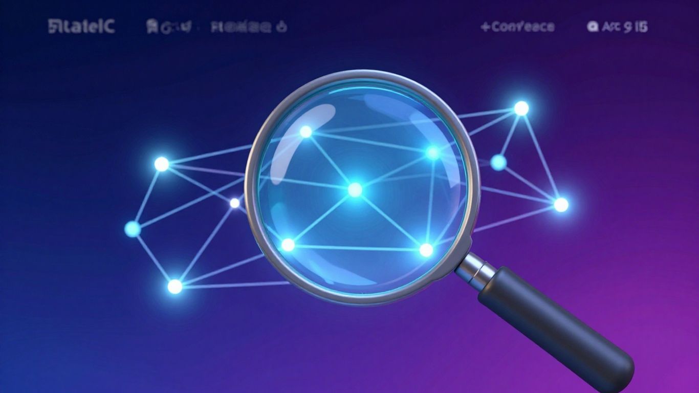Modern website interface with glowing digital elements and magnifying glass.
