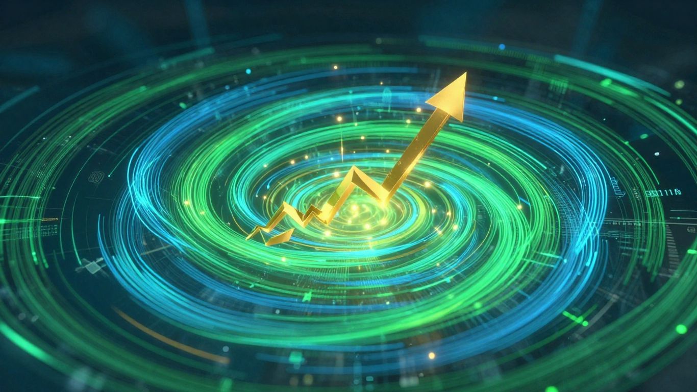 Abstract financial data visualization with golden geometric shapes.