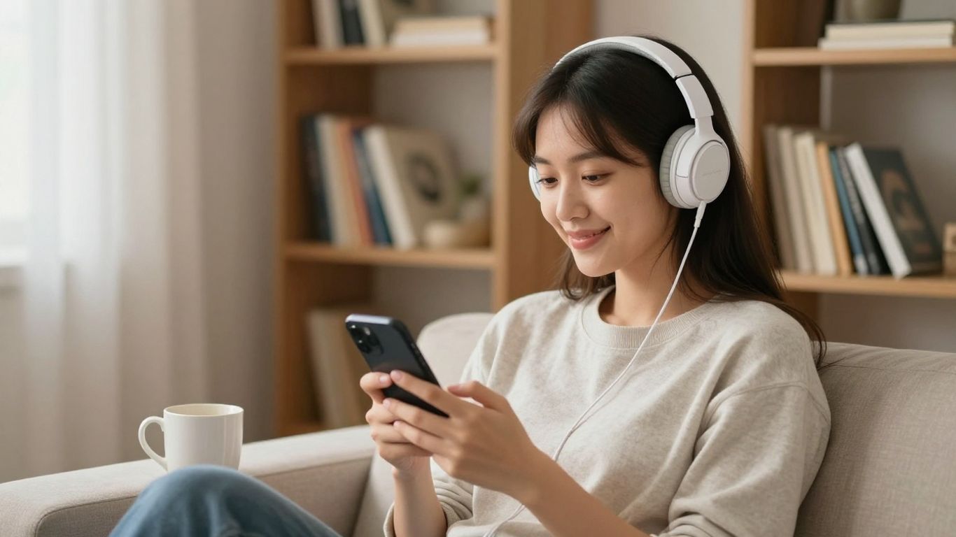 Woman enjoying mobile learning in cozy book-filled space.