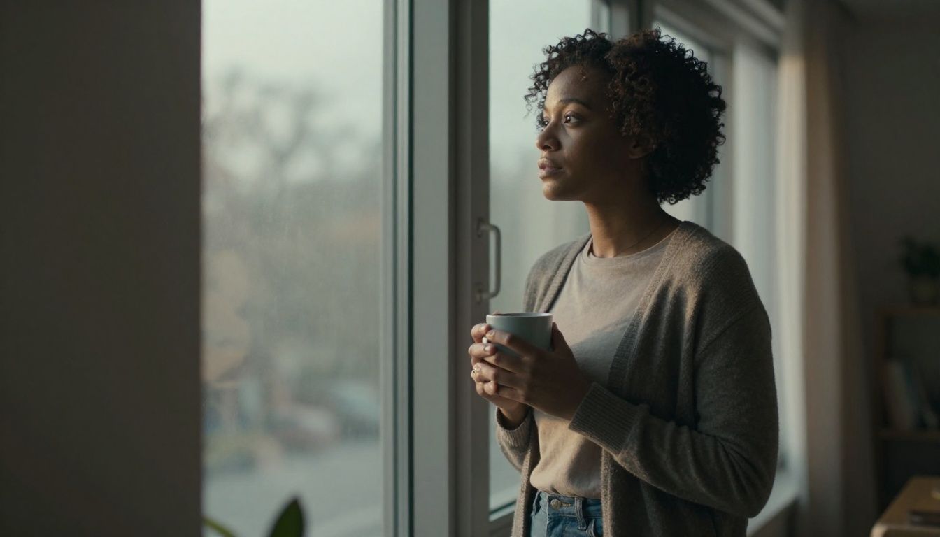 A thoughtful Black woman in her 30s stands by a large window in her home, looking out at the morning light, holding a warm mug. The mood is reflective and peaceful, not sad.