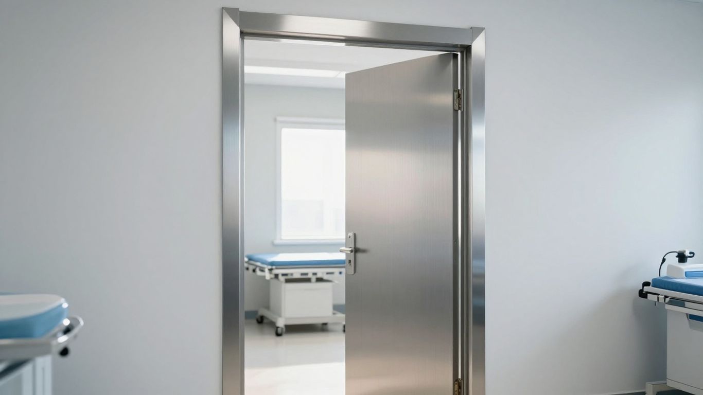 Modern aluminium door in a care home setting.