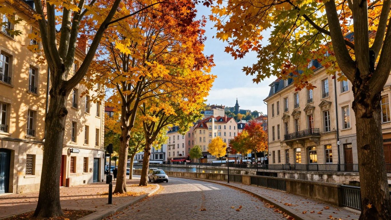 Autumnal Lyon cityscape with colorful trees and historic buildings.