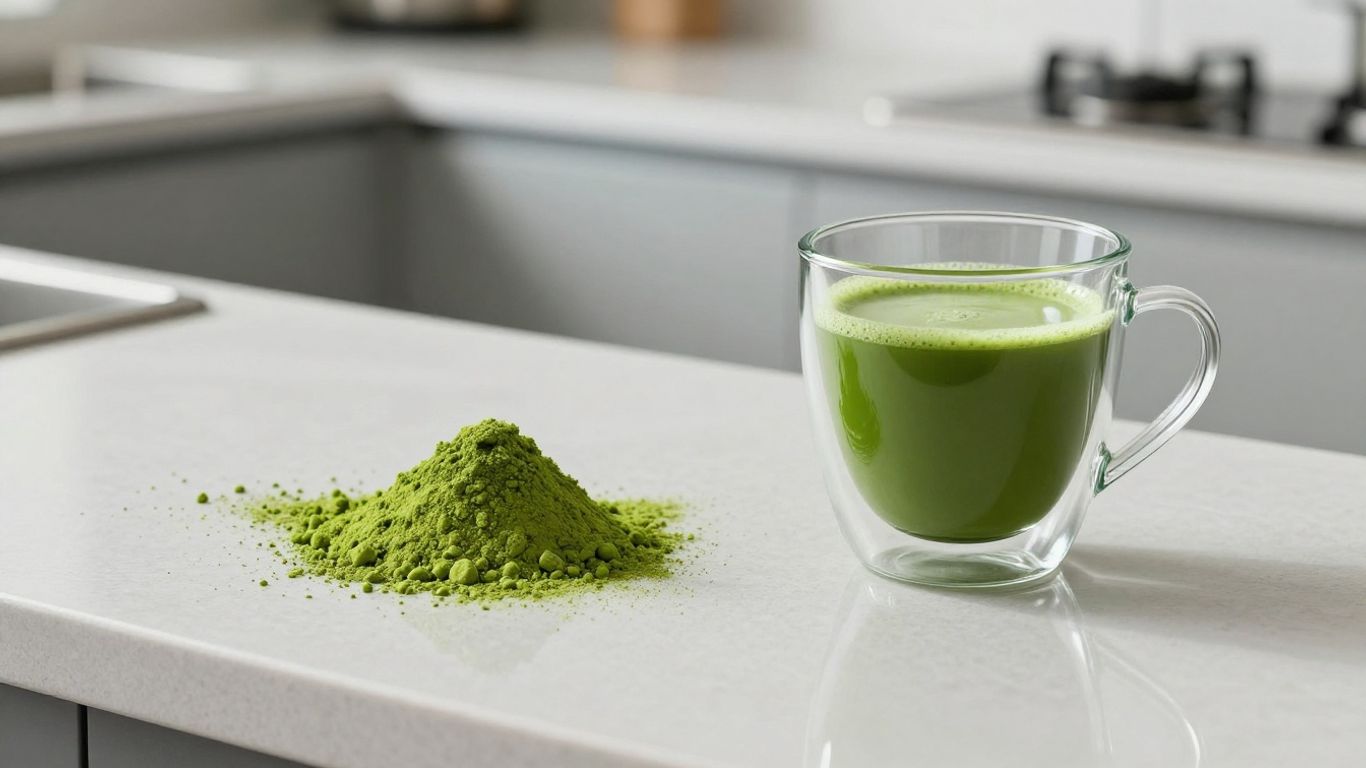 Matcha powder and a glass of matcha tea.