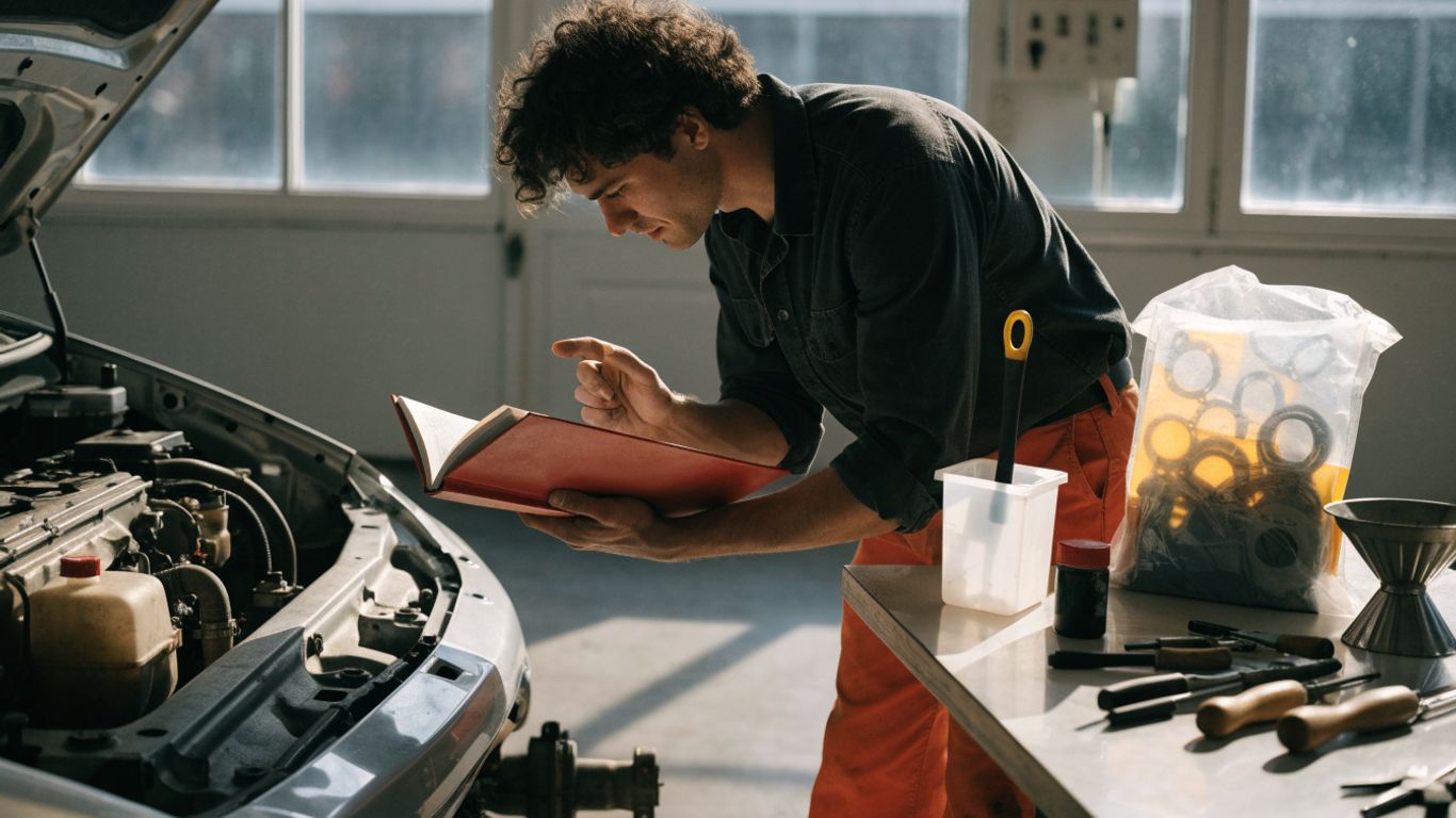 Technician checking a vehicle service manual beside an open engine bay