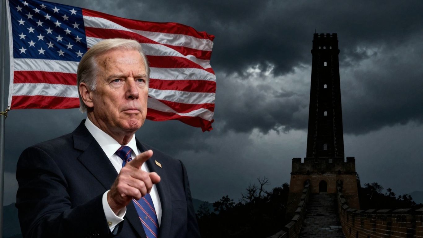 US and China flags divided, politician pointing, Great Wall silhouette.