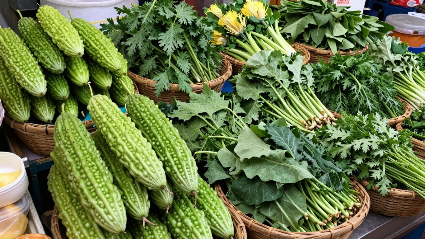 Bitter melon and leafy greens at market