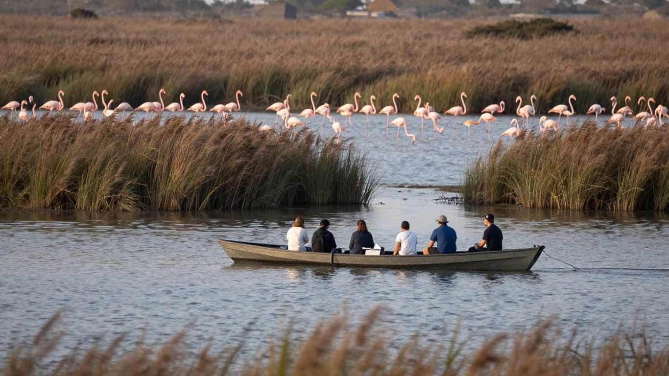 Travelers watching flamingos from a quiet boat