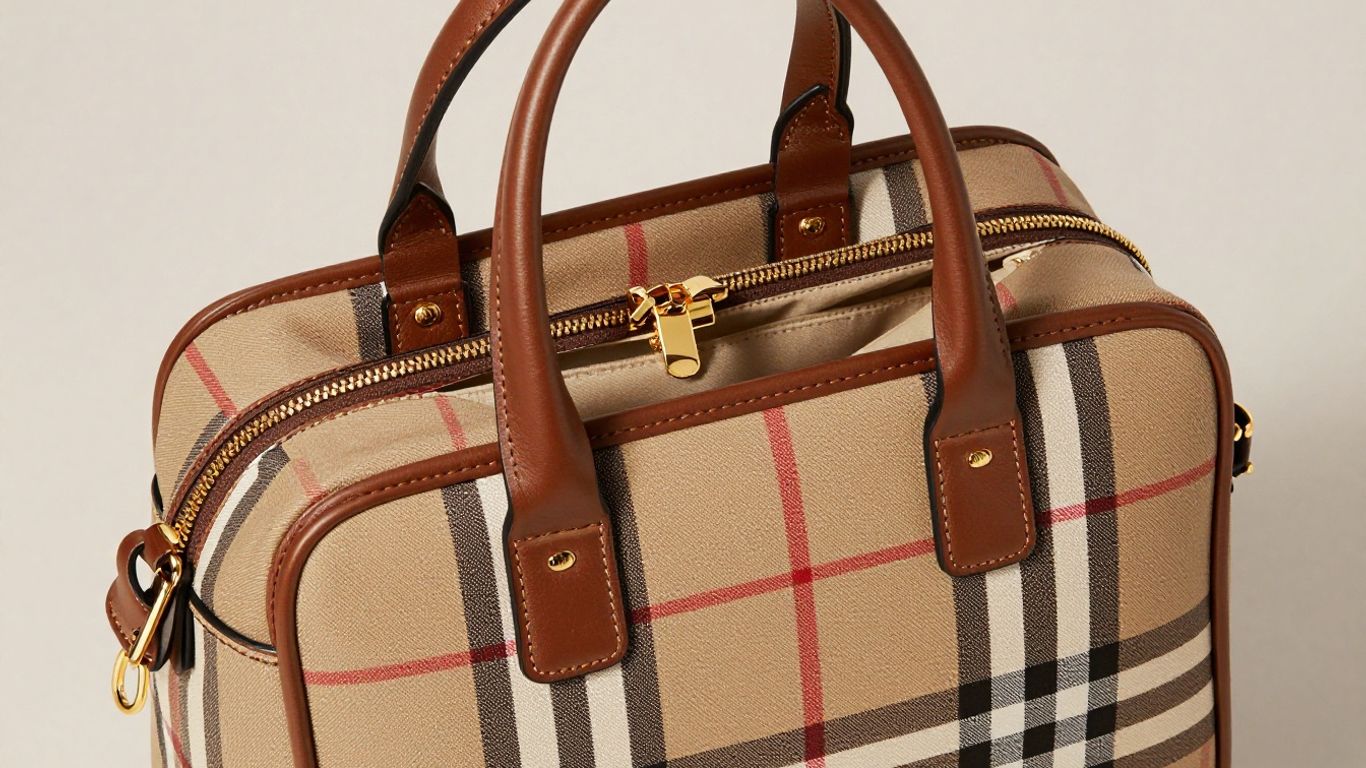 Burberry diaper bag with nova check pattern and leather trim.