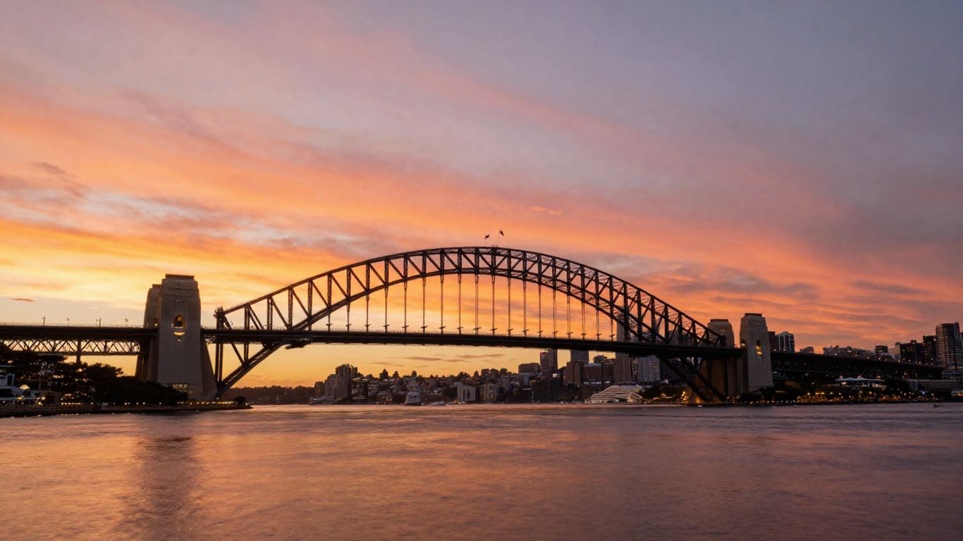 Sydney Harbour Bridge at sunset with city skyline.
