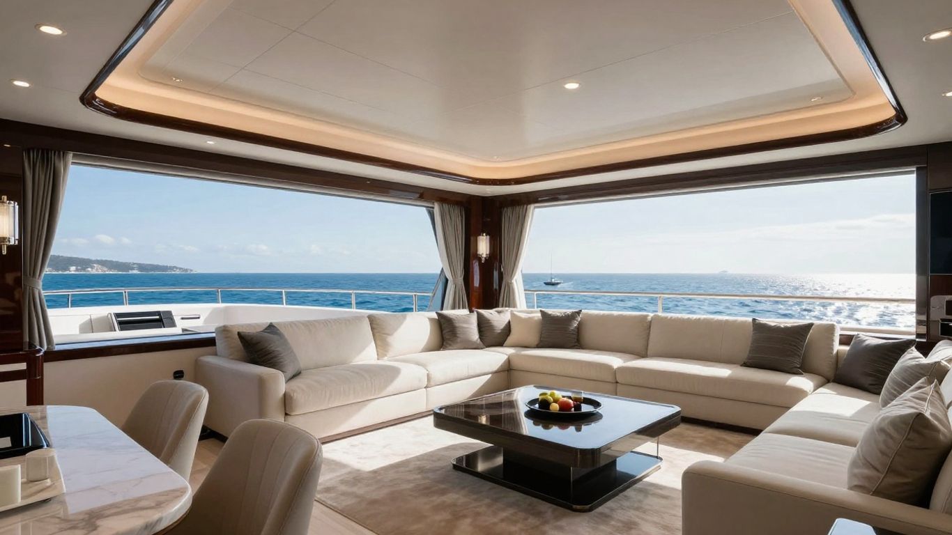 Modern yacht interior with ocean view.