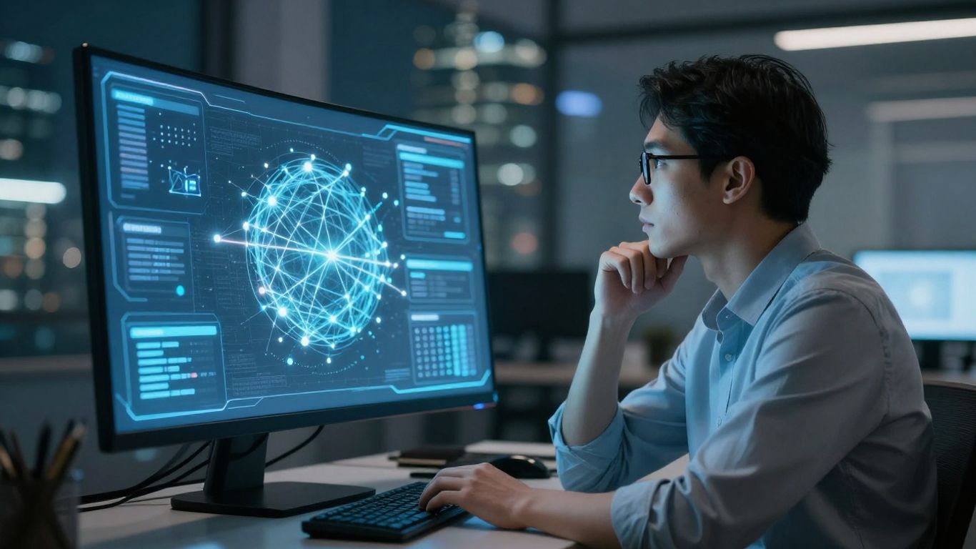 Professional analyzing digital network connections in an office.