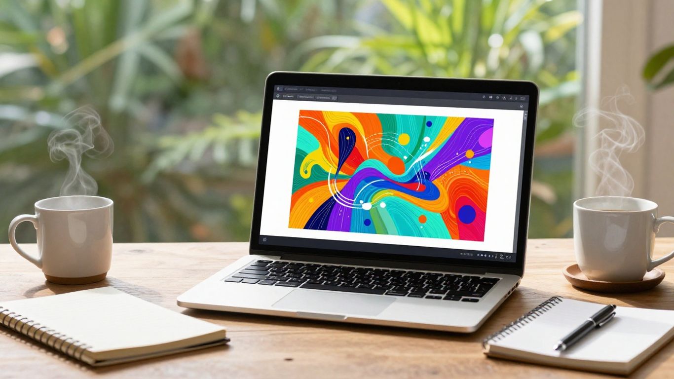 Laptop with colorful art, notebook, and coffee in a bright workspace.