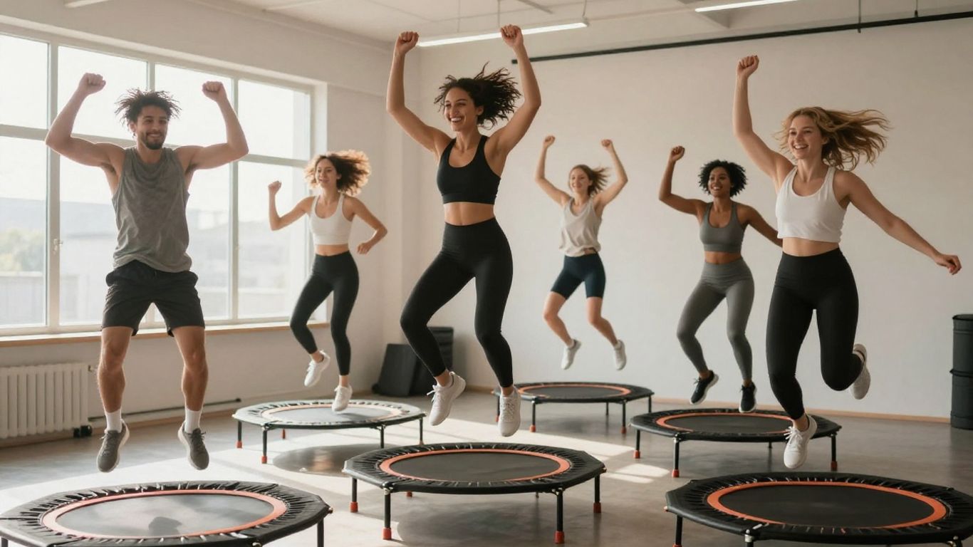 People exercising on mini-trampolines in a fitness class.