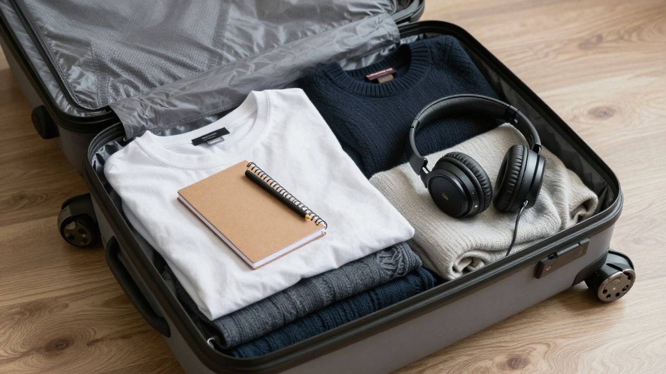 Packable clothing, headphones, and notebook in an open suitcase.