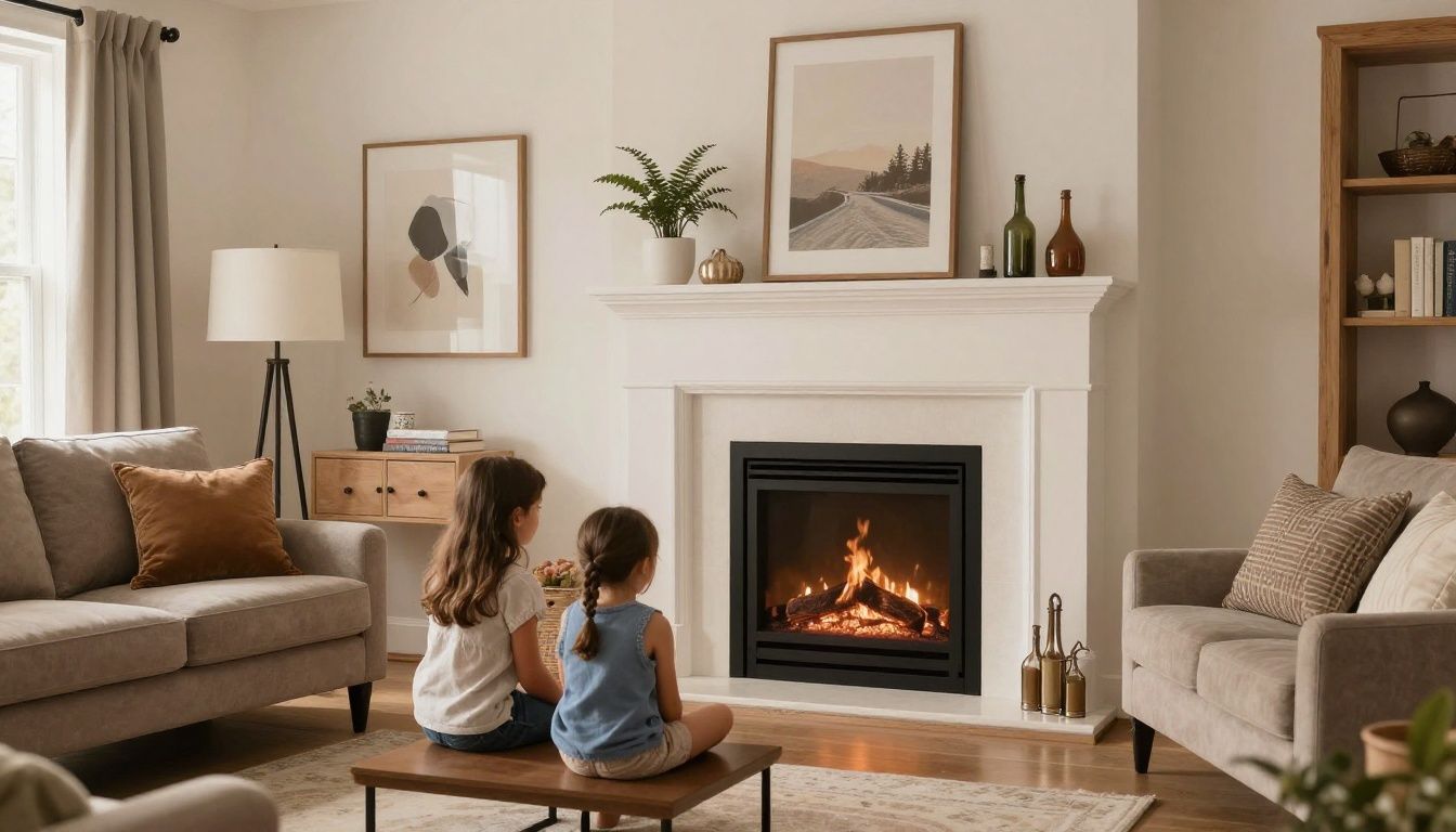 A family enjoying the warmth of their newly installed fireplace insert in a cozy, well-lit living room in the GTA.
