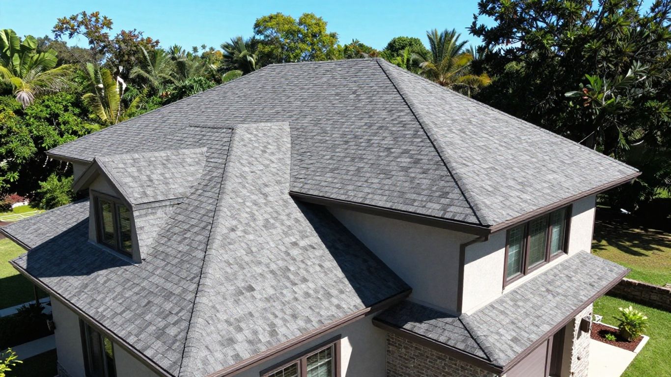 Aerial view of a house roof.