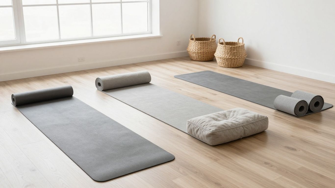 A variety of yoga mats arranged in a bright studio