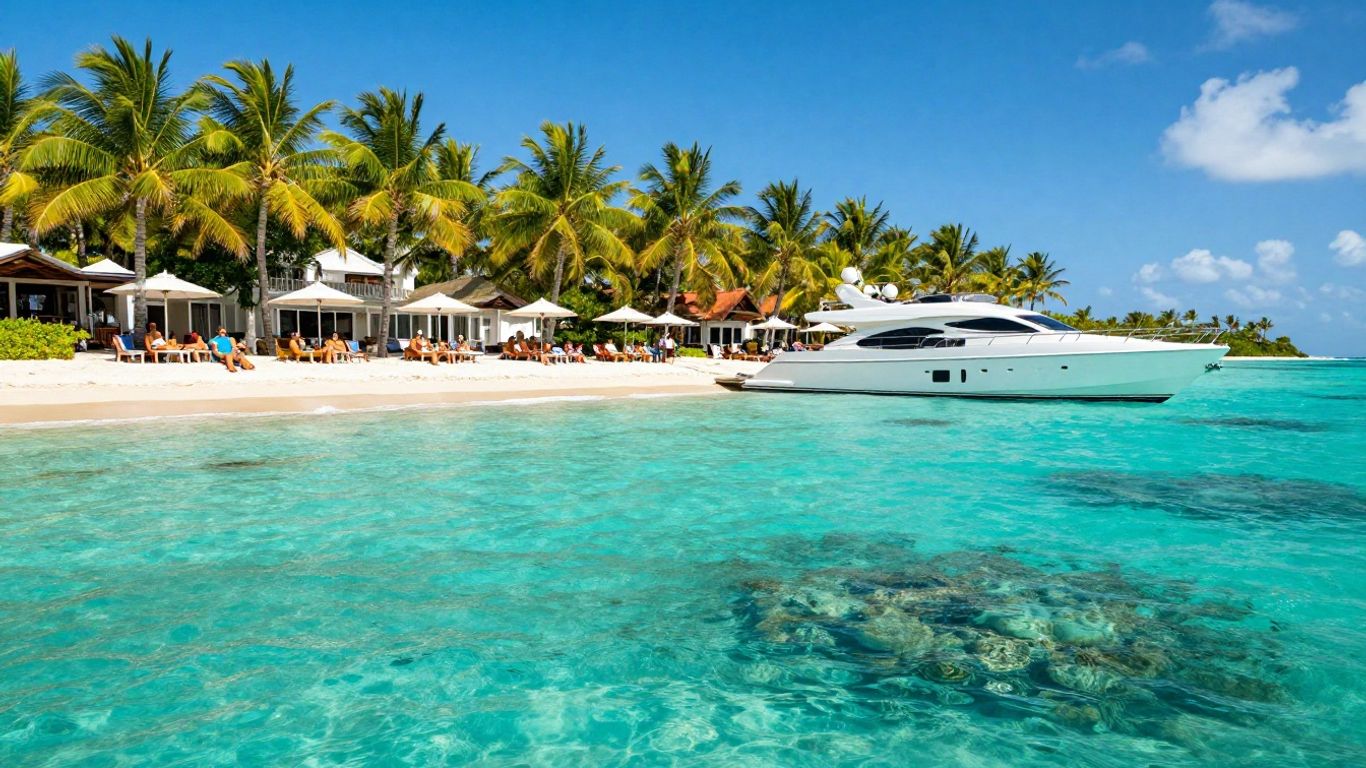 Luxury yacht sailing in the Bahamas with clear blue water.