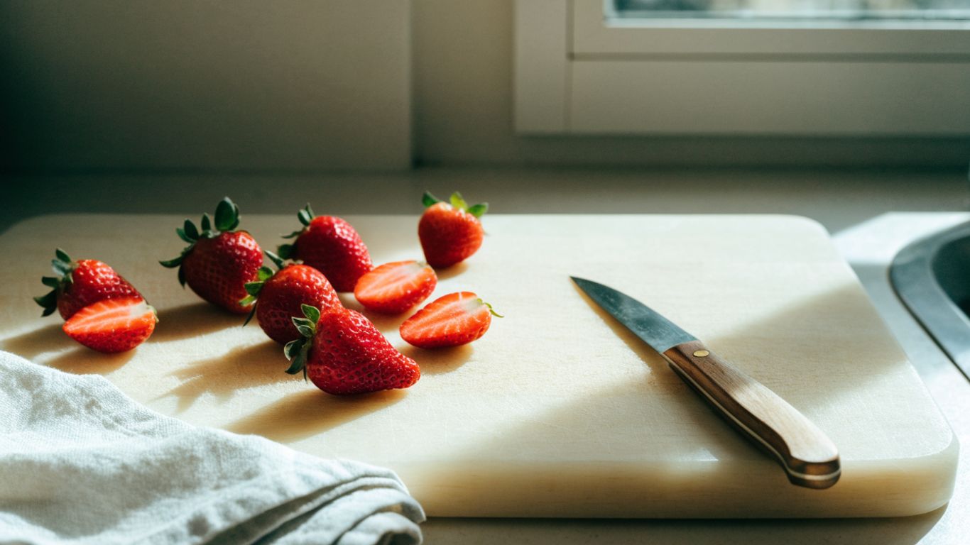 A small knife and ripe strawberries on a pale maple board
