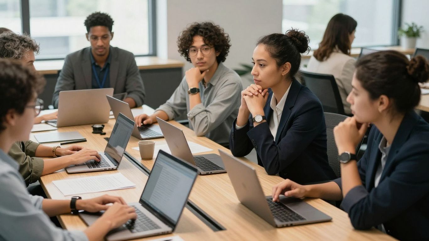 Employees discussing feedback around a meeting table