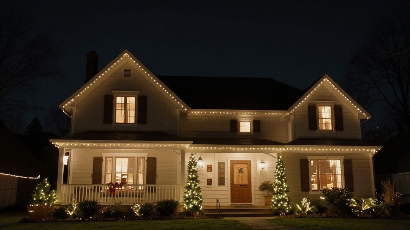 Shiloh house with permanent Christmas lights at night.