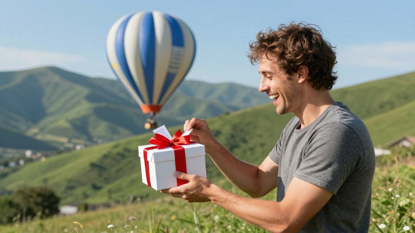 Husband receiving hot air balloon ride gift for Valentine's Day.