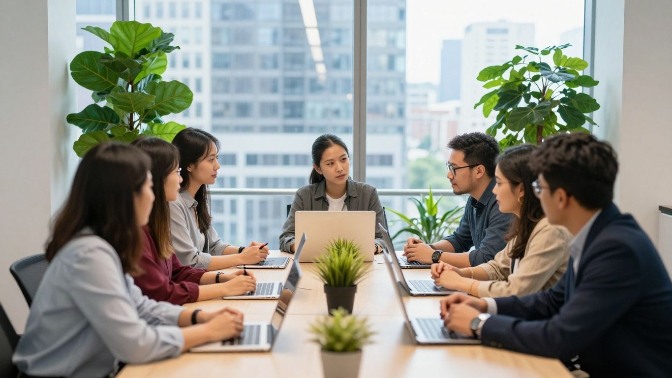 Team collaborating in a modern office with city view.