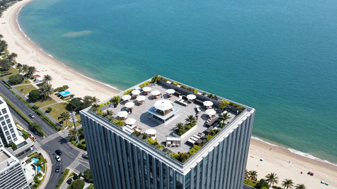 Views of high-rise resort apartments overlooking blue ocean
