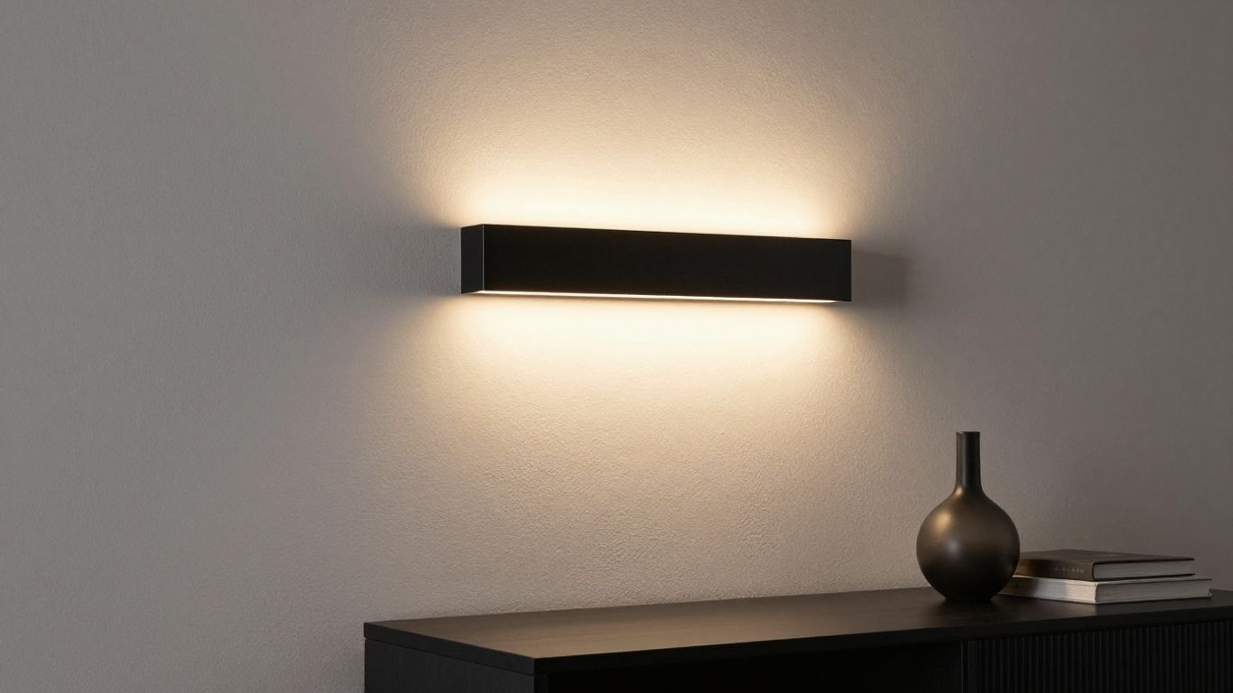 Stylish black wall light illuminating a modern living room.