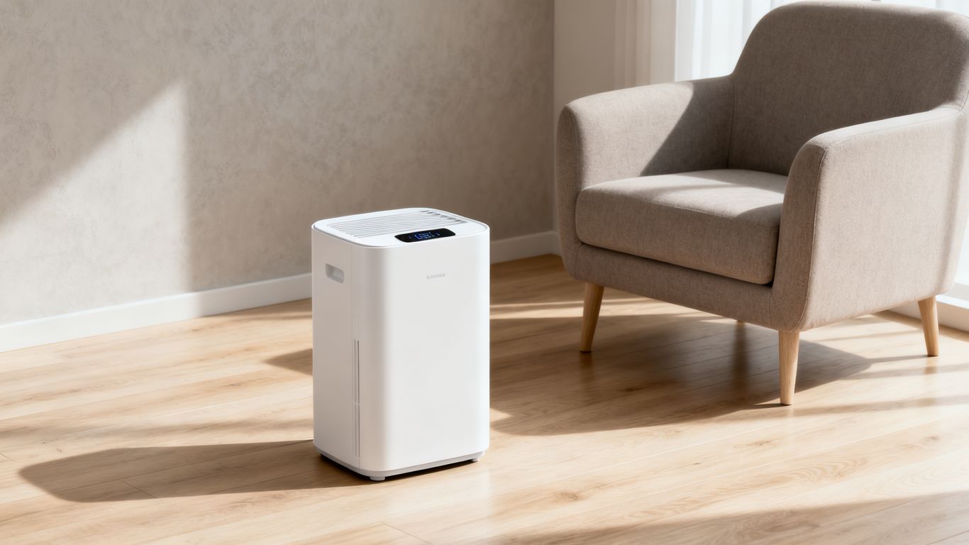 A portable dehumidifier setup in a bright room
