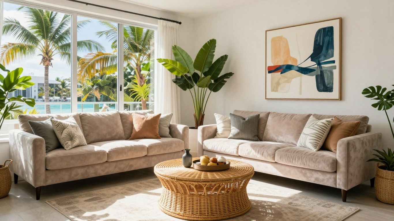 Modern coastal Airbnb living room with tropical plants and sunlight.