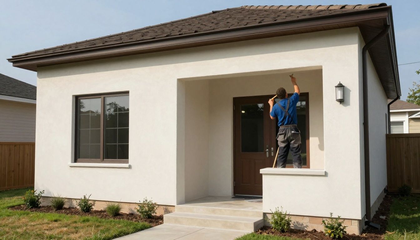 A skilled professional applying a smooth stucco finish to a residential home exterior