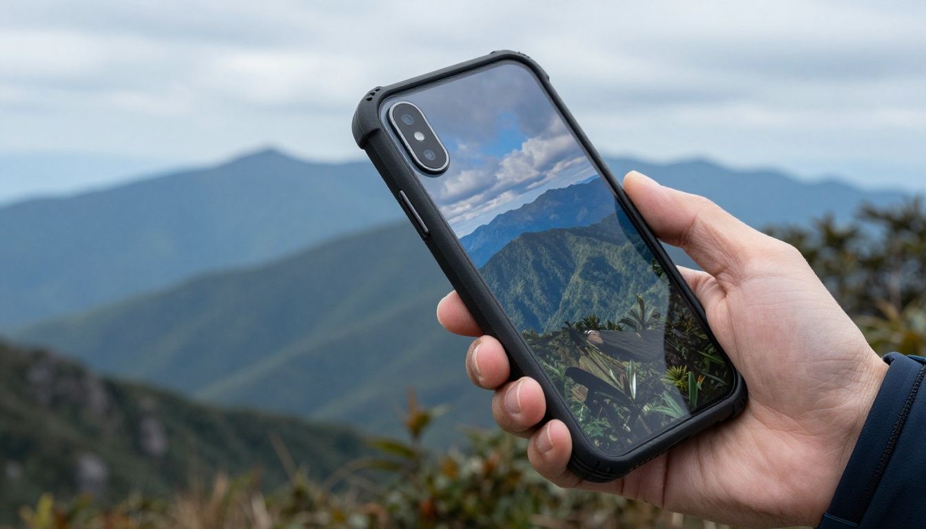 A person using their iPhone 17 Air in a rugged case to navigate a hiking trail in the Blue Mountains.